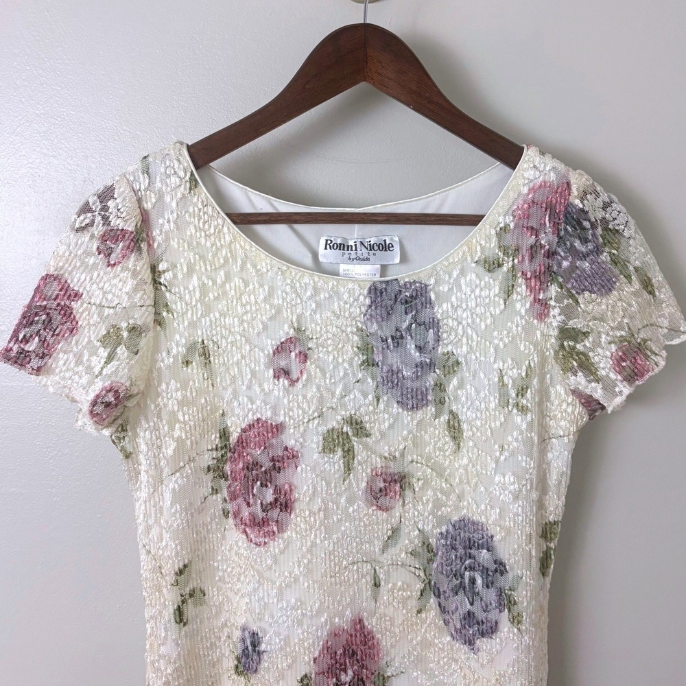 VTG 90s Lace Midi Dress Women 8P Cottage Cream Floral Sheath Coquette Granny